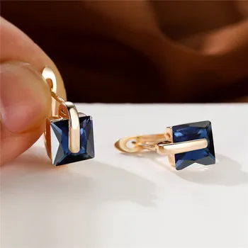 Cute Female Bridal Gold Color Wedding Clip Earrings Luxury Crystal Blue Square Stone Jewelry For Women