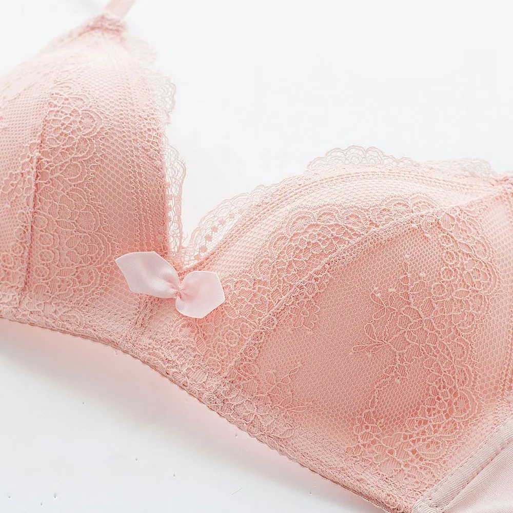 Roseheart New Women Fashion Pink Black Sexy Lingerie Lace Bow Bras Wireless Straps Bralette Cotton Panties Push Up Bra Sets