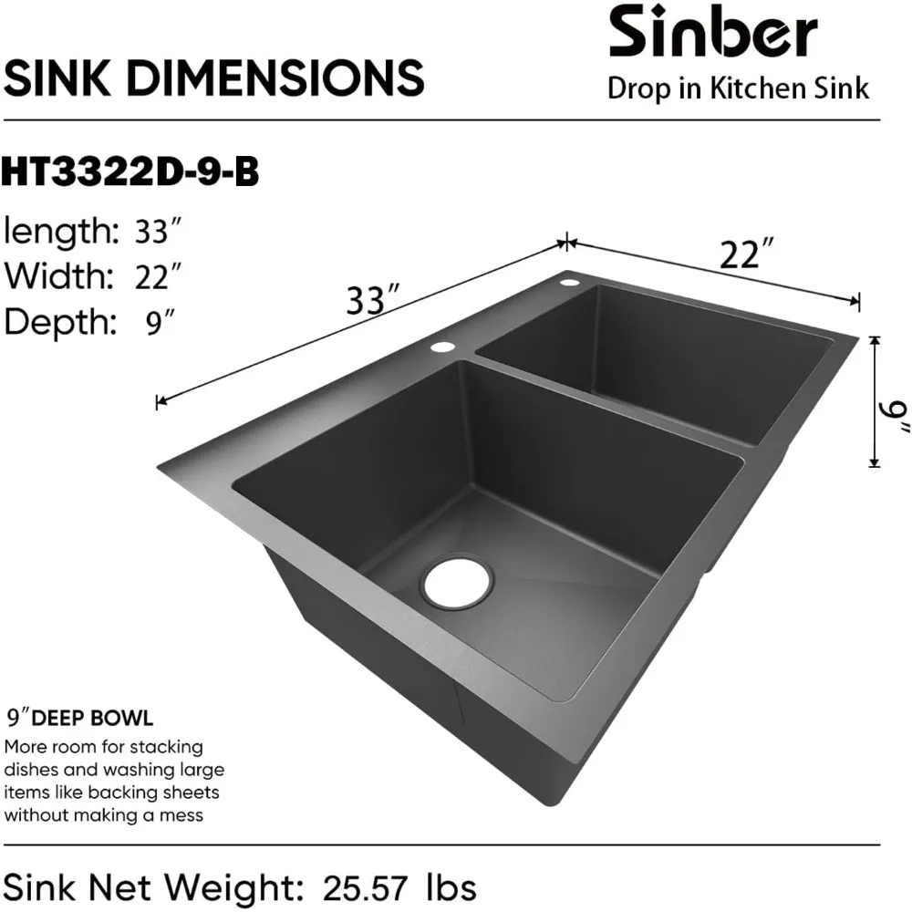 Stainless Steel Kitchen Sink (33&rdquo; x 22&rdquo; x 9&rdquo;(Black Sink Only))