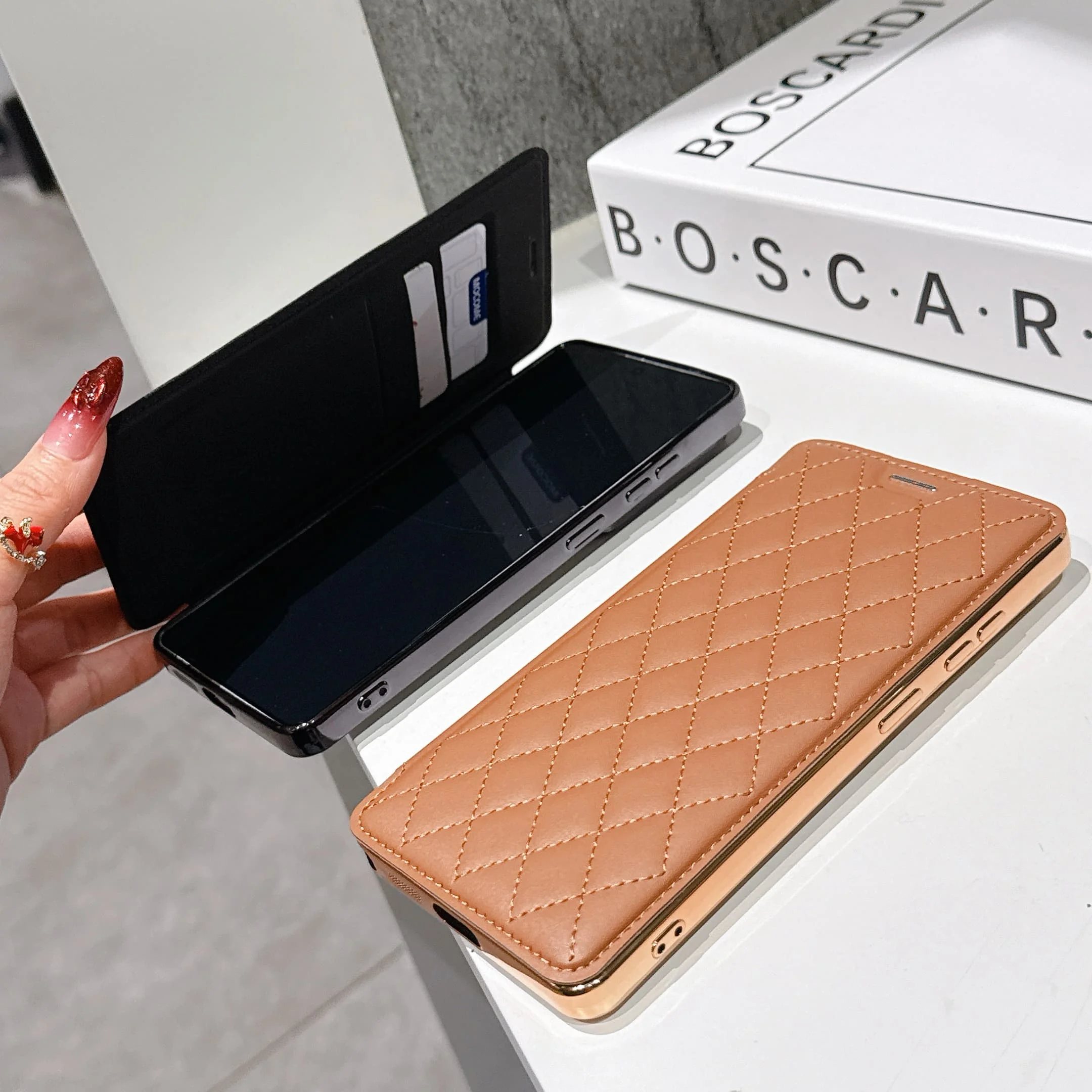 Premium PU Leather Magnetic Flip Wallet Case with Card Slots and Wireless Charging Compatibility