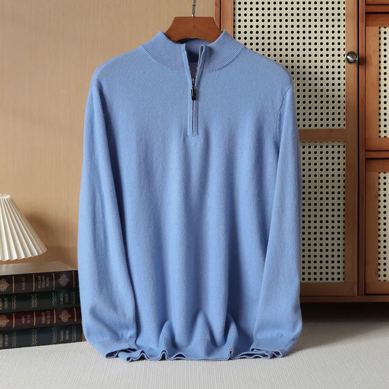 Men's High-end 100% Cashmere Knitted Sweater With Half High Neck Zipper Winter Warmth Pullover, Solid Color Autumn Cashmere Top