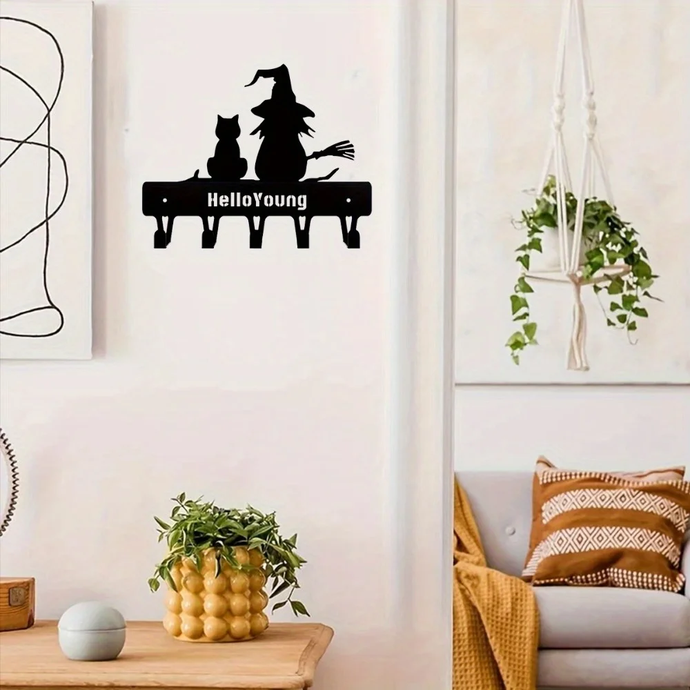 Iron Silhouette Cute Witch And Cat Garden Stake On The Branch Yard Art Decor, Tree Stump Plug-in, For Garden Lawn Courtyard
