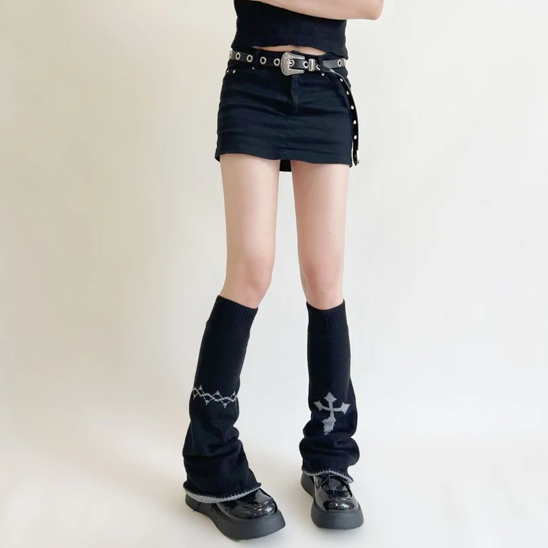 2023 New Autumn and Winter Hot Girl Leg Warmers Dark Wide Leg Foot Sock Sweet Cool Cross Chain Niche Y2K Leg Warmer for Women