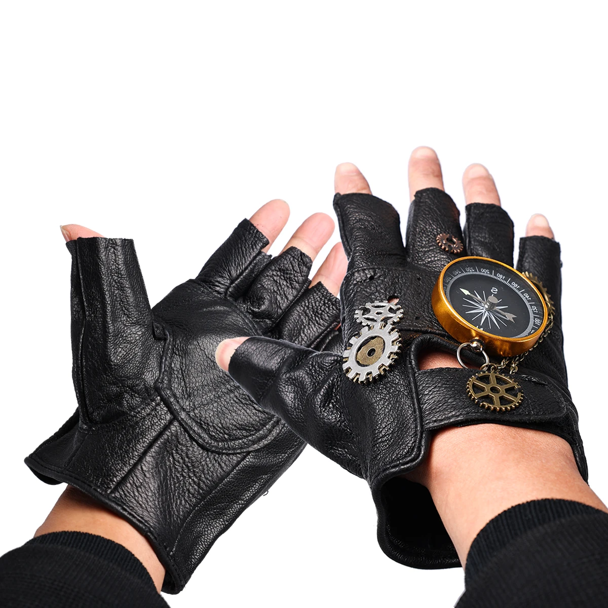 Перчатки с компасом без пальцев для мужчин и женщин, модные полуперчатки из искусственной кожи в стиле стимпанк, в стиле хип-хоп