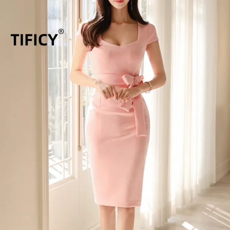 

TIFICY New Women's Summer Dress Slim Fit Show Wrap Hip Simple Elegant Temperament Pink Mid Length Wrap Hip Dress