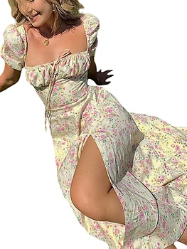 Elegant Women s Maxi Dress with Puff Sleeves Lace-Up Detail Floral Print and High Side Split for a Stylish Look 3