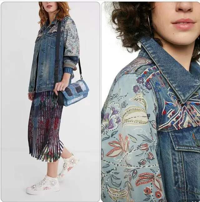 

Foreign Trade Spain New Women's Short Coat Heavy Industry Embroidery Printing Splicing Lace Fashion Loose Ethnic Style Denim