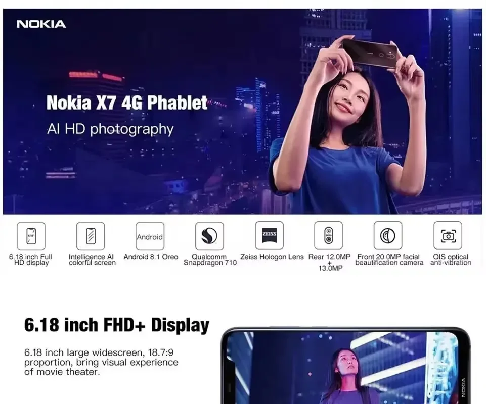Nokia X7 4G Smartphone 6.18" inch Snapdragon 710 Octa Core Android 20MP camera Mobile Phone unlocked used  phone 6