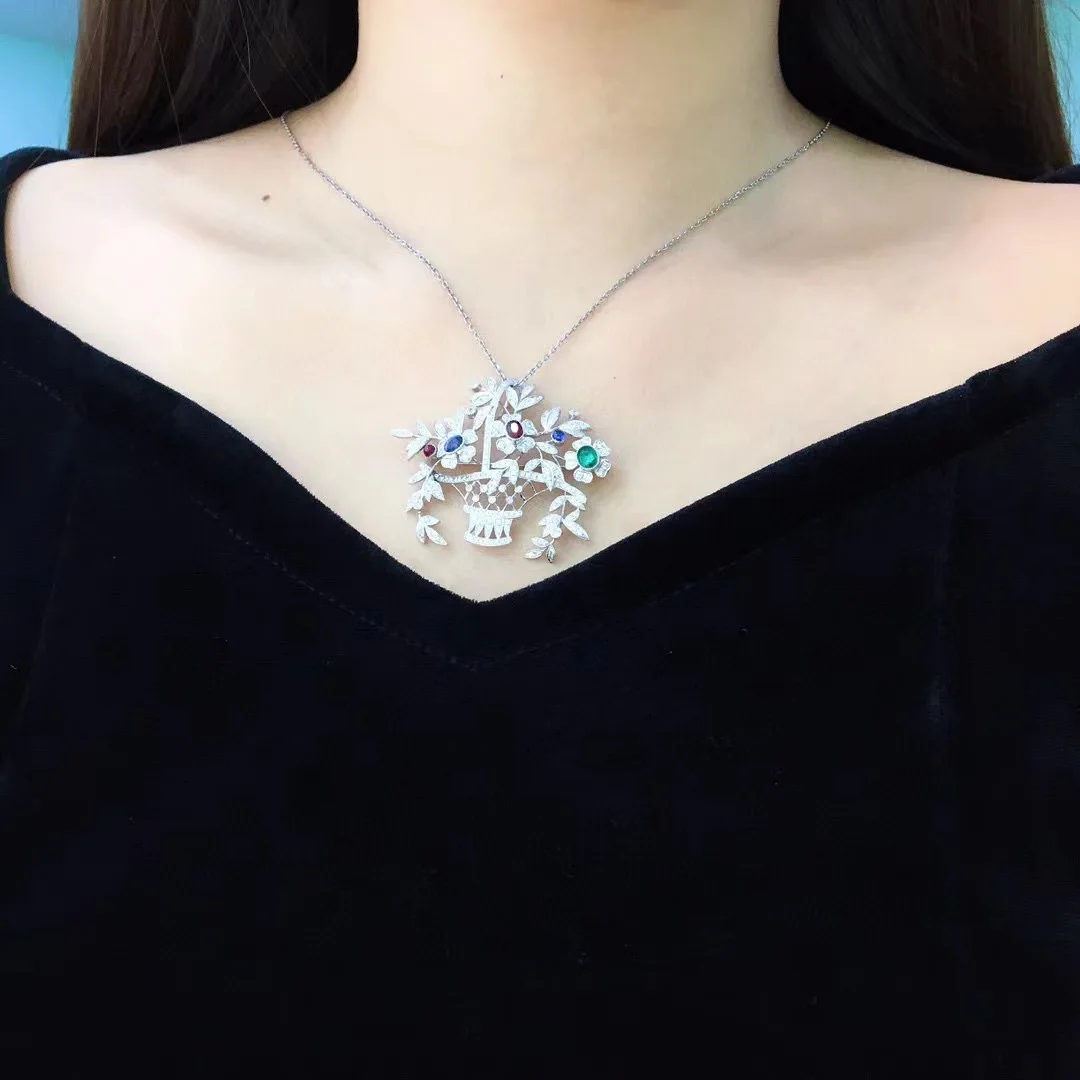 genuine jewelry 18K white gold with diamond flower basket brooch & pendant double use ruby emerald sapphire fine women jewelry 6 genuine jewelry 18K white gold with diamond flower basket brooch & pendant double use ruby emerald sapphire fine women jewelry - Image 6