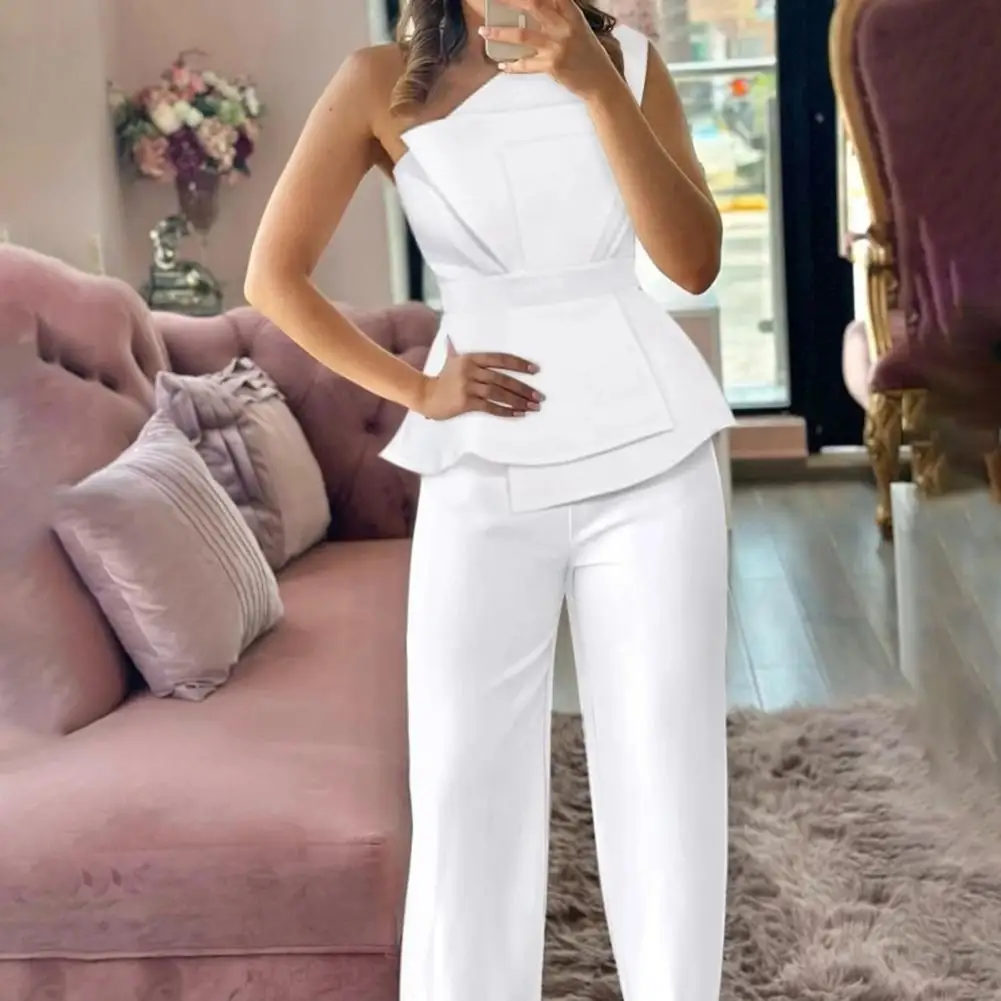 

2 Pca/Set Women Top Pants Suit One Shoulder Slant Neck Sleeveless Backless Solid Color Tight Waist Patchwork Big Hem Straight Fo