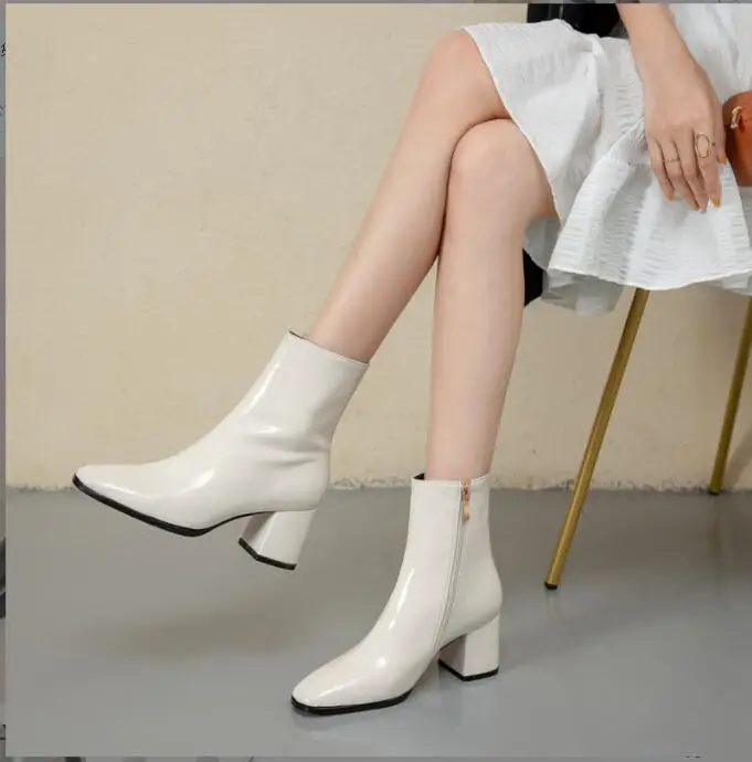 

Winter Autumn Women Fashion Square High Heels fashion ankle boots White Patent Leather Shoes Ankle Boots Black Woman Large size