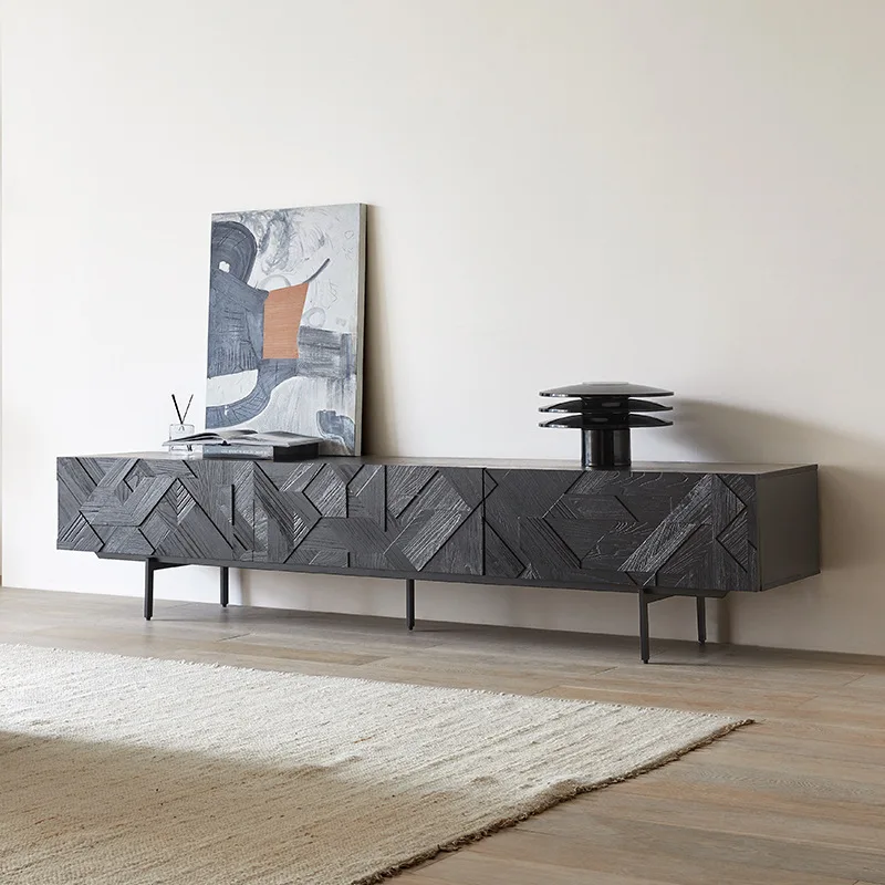 TV Cabinet Antique Industrial Style Creative Carving Wabi-sabi Style Geometric Design Solid Wood Retro Audio-visual Cabinet