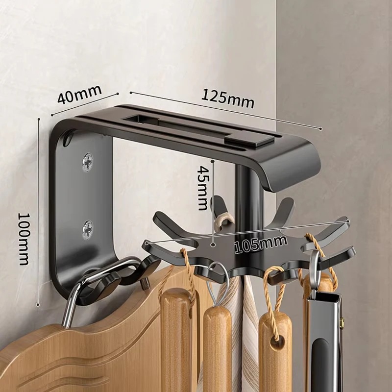 Kitchen Rotary Hook Wall Mounted Rack For Tool Aluminum Storage Hanger 6 8 10 Pegs No-hole Punching