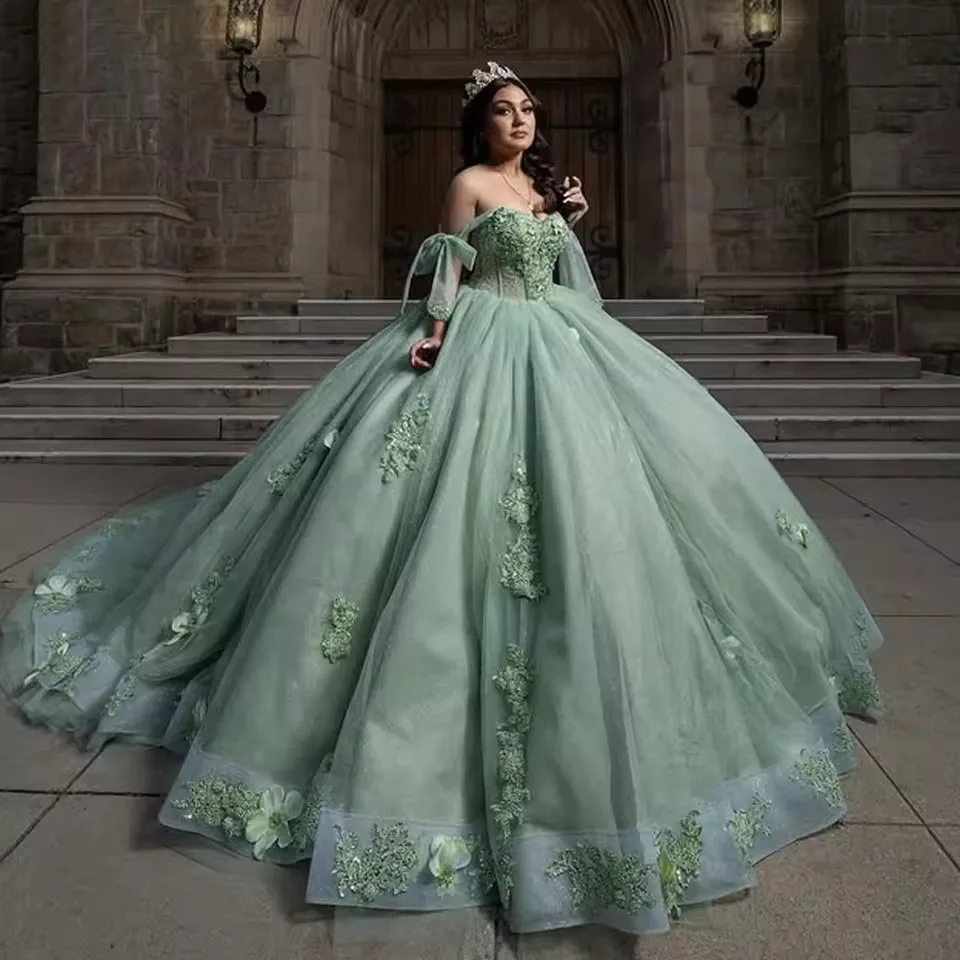 Sage Green Sweet 15 Dress Ball Gown Quinceanera Dress 3D Flowers Glittering Pageant Vestidos De Xv A&ntilde;os Caped