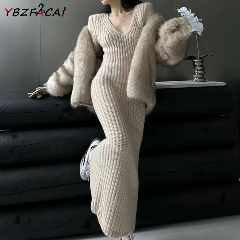 

Premium Solid Colour Knitted Long Dresses Women Fall Winter Casual Home Dresses French Retro V-neck Straight Split Sweater Dress