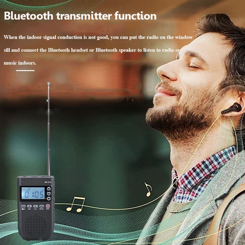 Mini Pocket FM AM Radio Bluetooth Earphones Compatible Radios Clock Display Sleep Timer Digital Radio TF MP3 Player Walkman