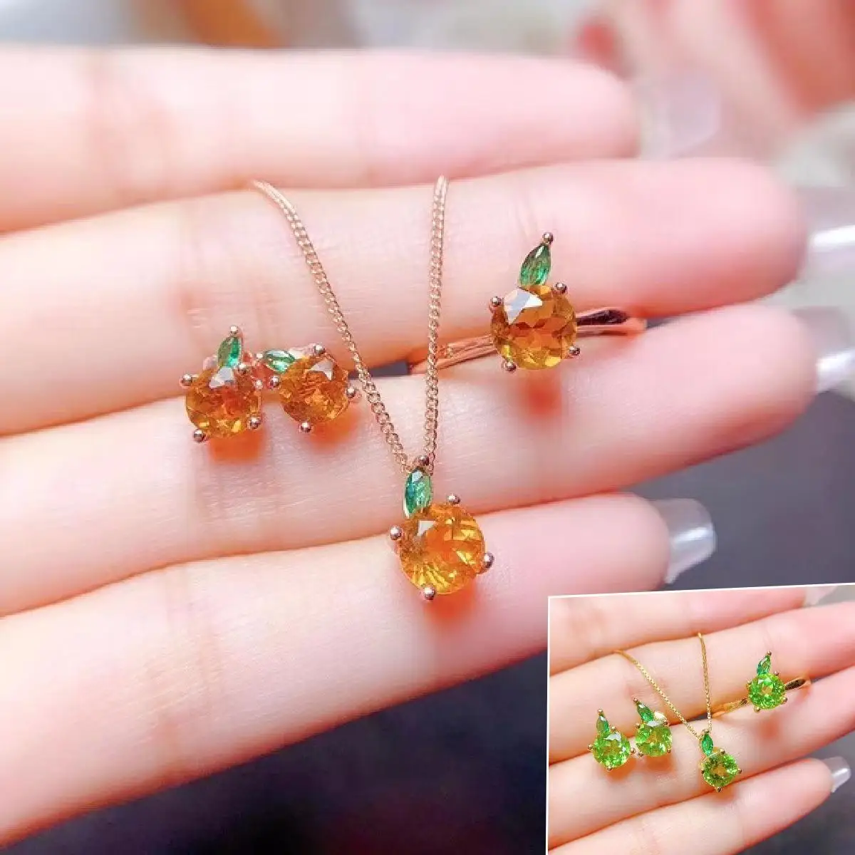 FS Natural 6*6 Citrine/Olivine Ring Earrings Necklace Set for