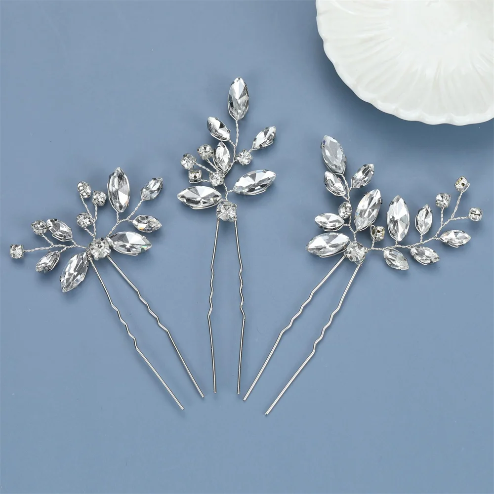 Hair Clip 3Pcs Bridal U-shaped Pin Metal Barrette Clip Hairpins Rhinestone Wedding Hair Accessories