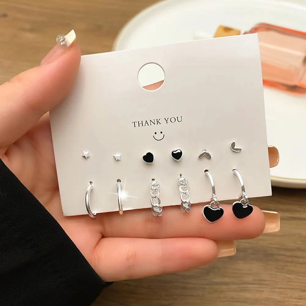 Korean Fashion Metal Start Heart Circle Small Earrings 6 Pairs For Women Trend Black Heart Enamel Earrings Sweet Jewelry