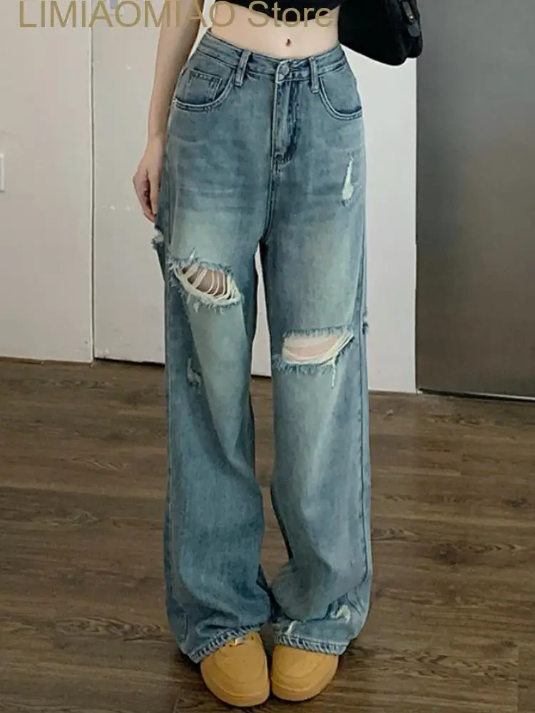 New Bule Vintage Jeans Women Pockets High Street Fashion Denim Pants Female High Waist Designer Casual Wide Leg Pants bpn solid designer jeans for women high waist patchwork pockets folds hit color loose denim straight cargo pants female fashion