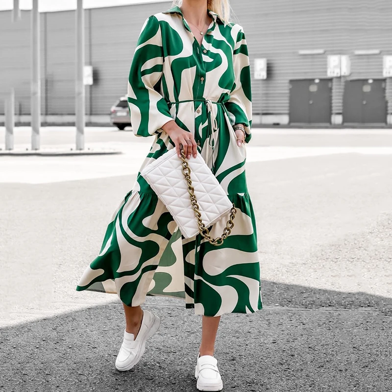 

Casual Loose Digital Print Women Dress Fashion Lapel Single Breasted Waist Retraction Lace Up Dresses Elegant Comfor Boho Dress