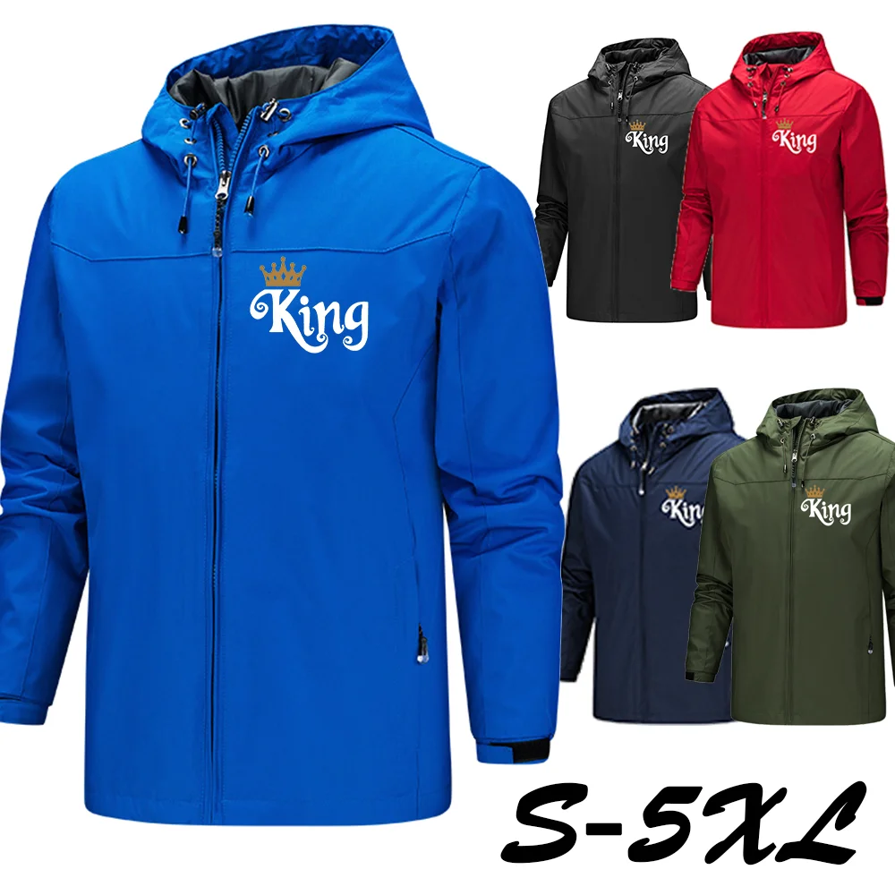 Hot Sale King Logo Printed Men's Lightweight Hooded Zipper Waterproof  Solid Color Fashionable Men's Outdoor Jacket