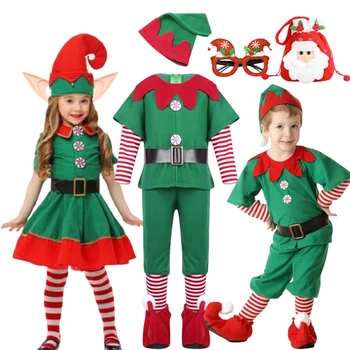New Year Elf Costume For Kids Girl Boy Green Santa Claus Suit Set With Hat Children Fancy Christmas Party Dress Set Performance 1