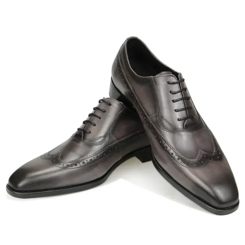 Formal Shoes Male 38-47 Handcrafted Luxury Men Dress Shoe Genuine Leather Wingtip Grey Brogue Lace-up Classic Style Comfortable