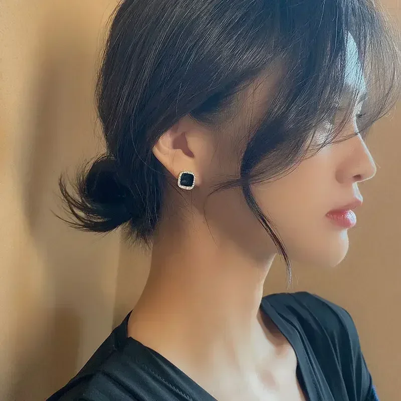 Korean Style Zircon Black Resin Square Ear Studs for Women