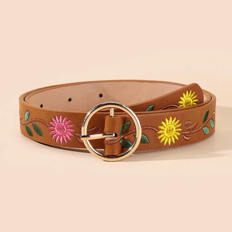Belt female chrysanthemum embroidered back fashion button 2.7 all-in-one fashion personality manufacturers direct supply