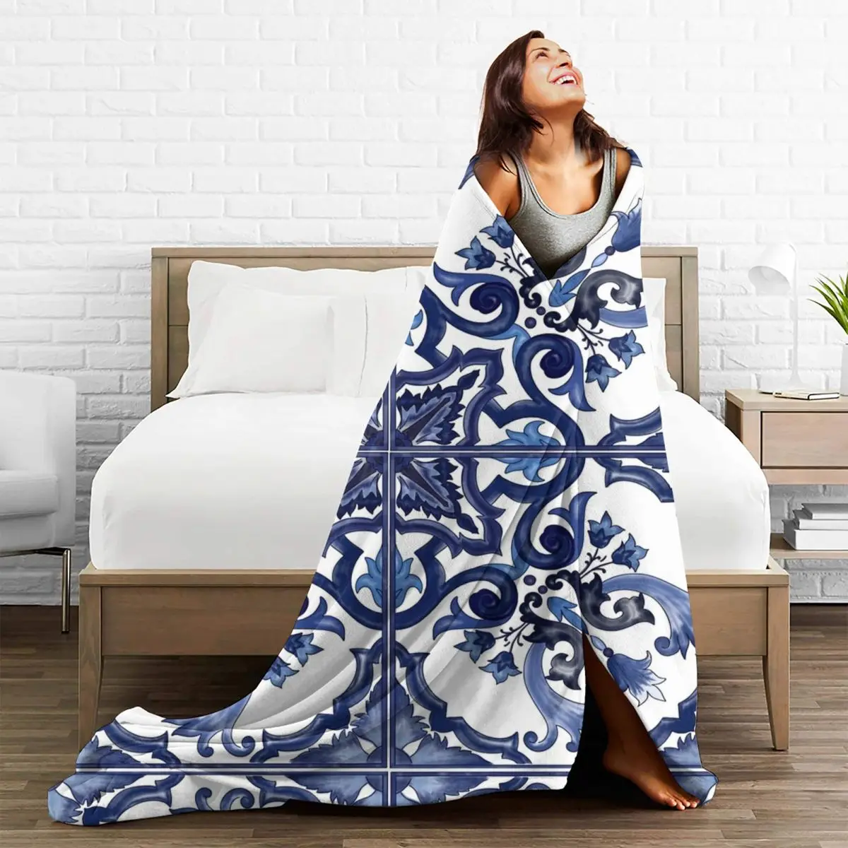 Blue Ornate Floral Mediterranean Sicilian Tile Blankets Flannel Throw Blankets Sofa Throw Blanket For Couch Bedding Throws Quilt 5