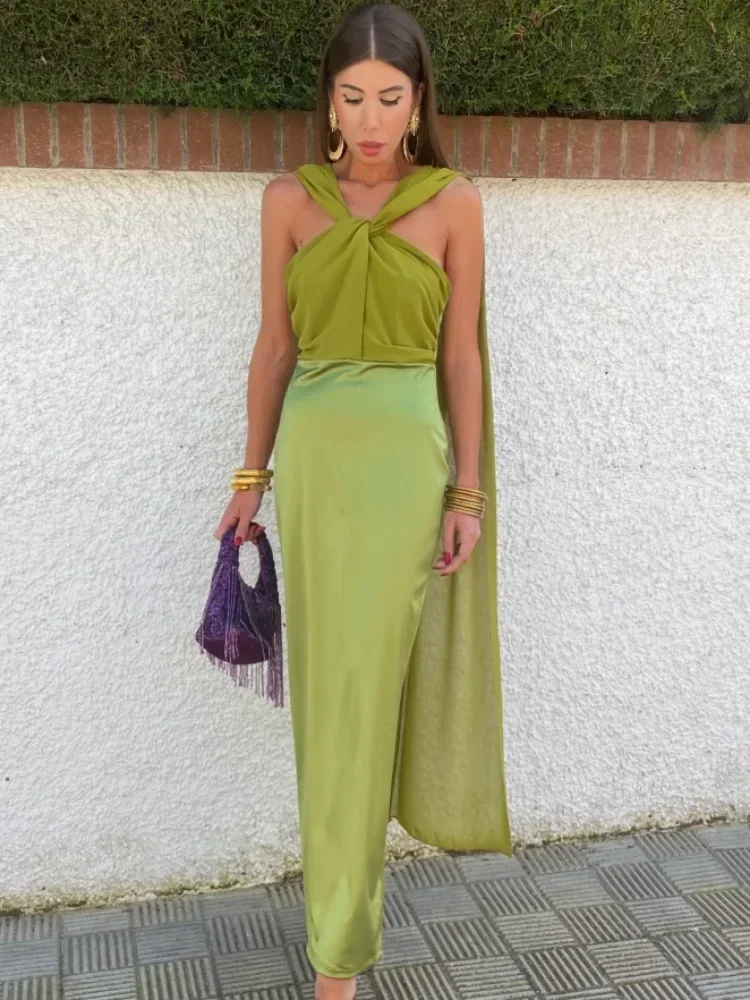 

Elegant Cross Twist Patchwork Long Ribbon Dress Women Sexy Sleeveless Backless High Waist Slim Dresses Summer Lady Party Wear
