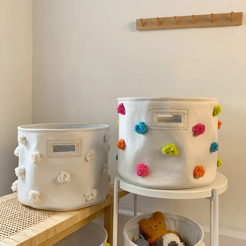 

LOVELY POMPON KIDS' TOYS STORAGE BASKET CANVAS FOLDING SUNDRIES NEATENING ORGANIZER HANDLES LINER WASHABLE LAUNDRY HAMPER