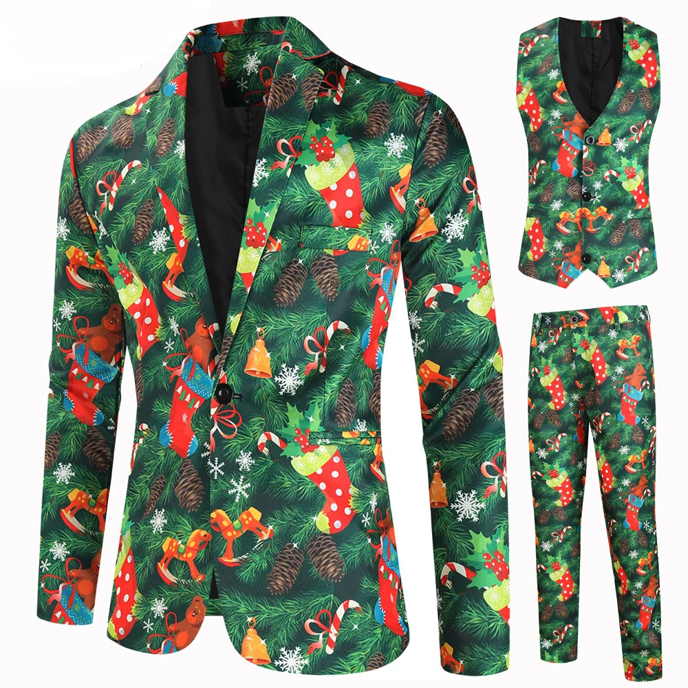 thumbnail image 1 of Trajes de Navidad para hombres, uniforme de 3 piezas, trajes diarios, copo de nieve, muñeco de nieve, árbol, chaqueta con estampado, chaqueta, pantalones, chalecos, conjunto masculino para Navidad, 1 of 5