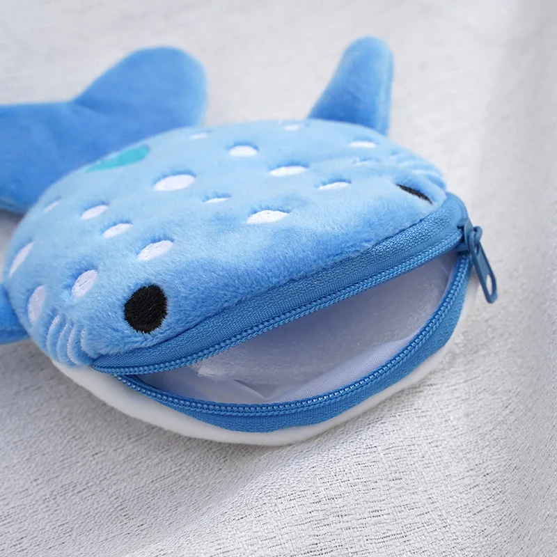 

Plush Zipper Coin Wallet Cute Blue Small Whales Coin Purse Shark Shape Designer Women's Wallet Change Purse Key Earphone Pouch