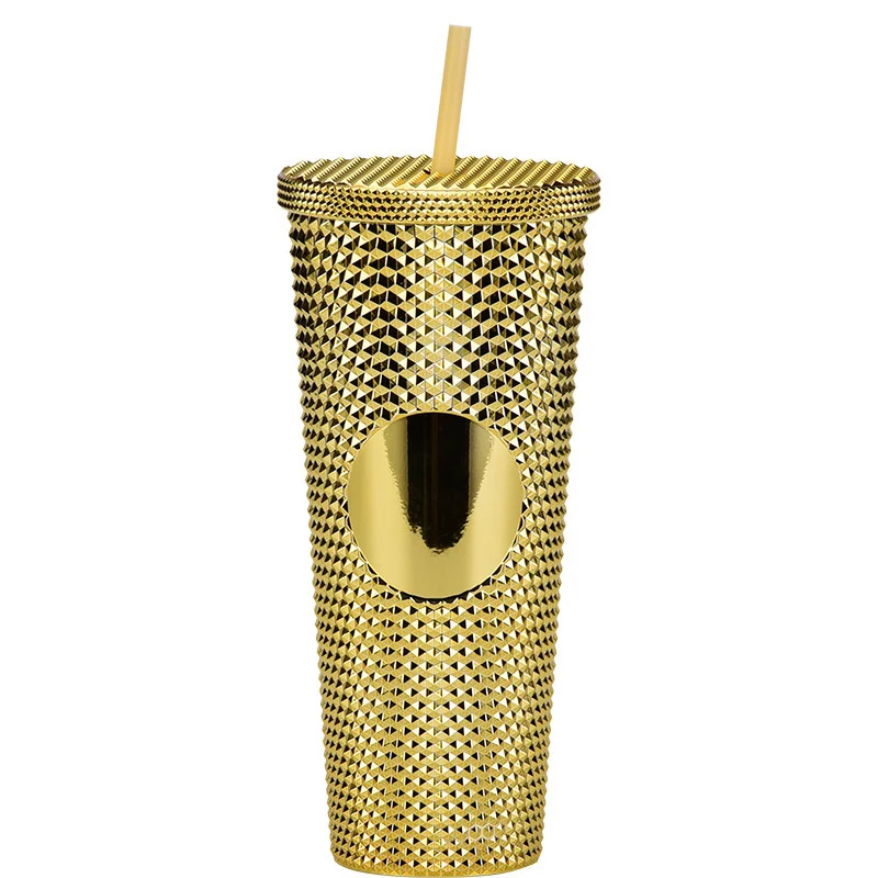 24Oz Matte Glow Inlaid Cup Plastic Coffee Cups With Straw Lids Double Wall Gradient Durian Cup Large Capacity Drinking Cup