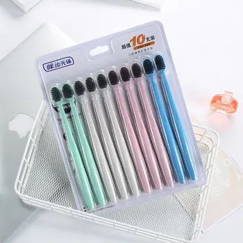 보더 크로스 밀짚 칫솔, 성인용 부드러운 대나무 숯 빈슈탄, 남녀 공용 가정용 가족 팩, 10 PCs 상품 이미지