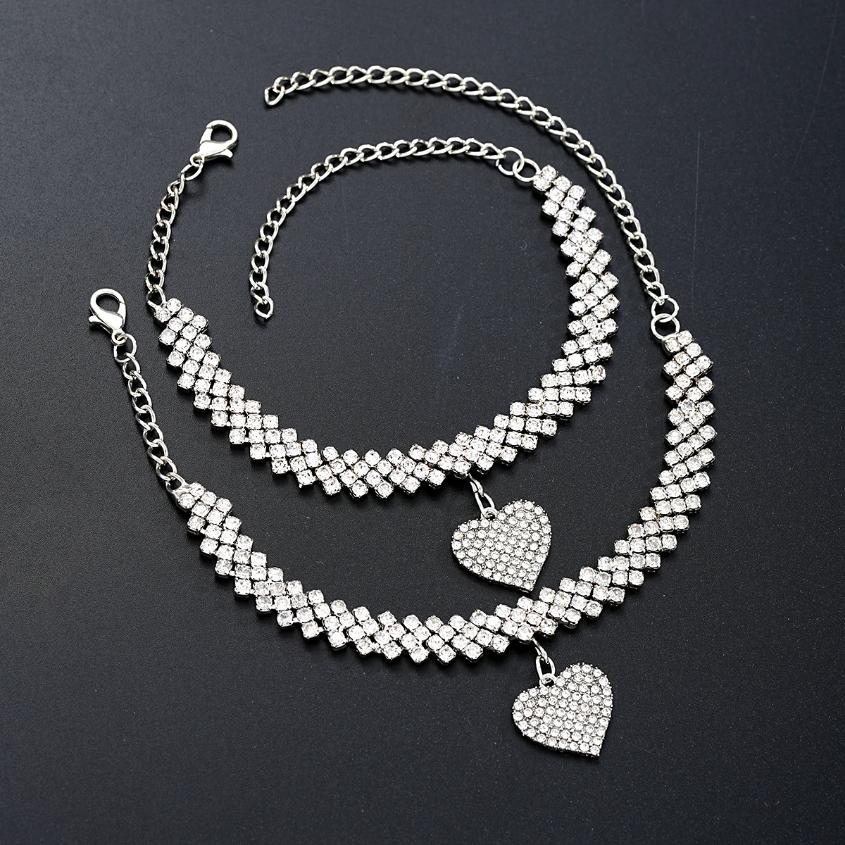 Fashion Silver Color Rhinestone Heart Pendant Anklet Women Ins Bling Love Foot Ankle Bracelet Set Chain Jewelry Gifts 2 Pcs jewelry sets jewelry set