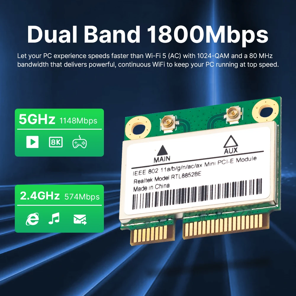 RTL8852BE WiFi 6 네트워크 카드 Windows 10 PCIe용 1800Mbps BT 5.2 듀얼 밴드 무선 MiniPCIe 802.11ax/ac 2.4G/5GHz MU-MIMO