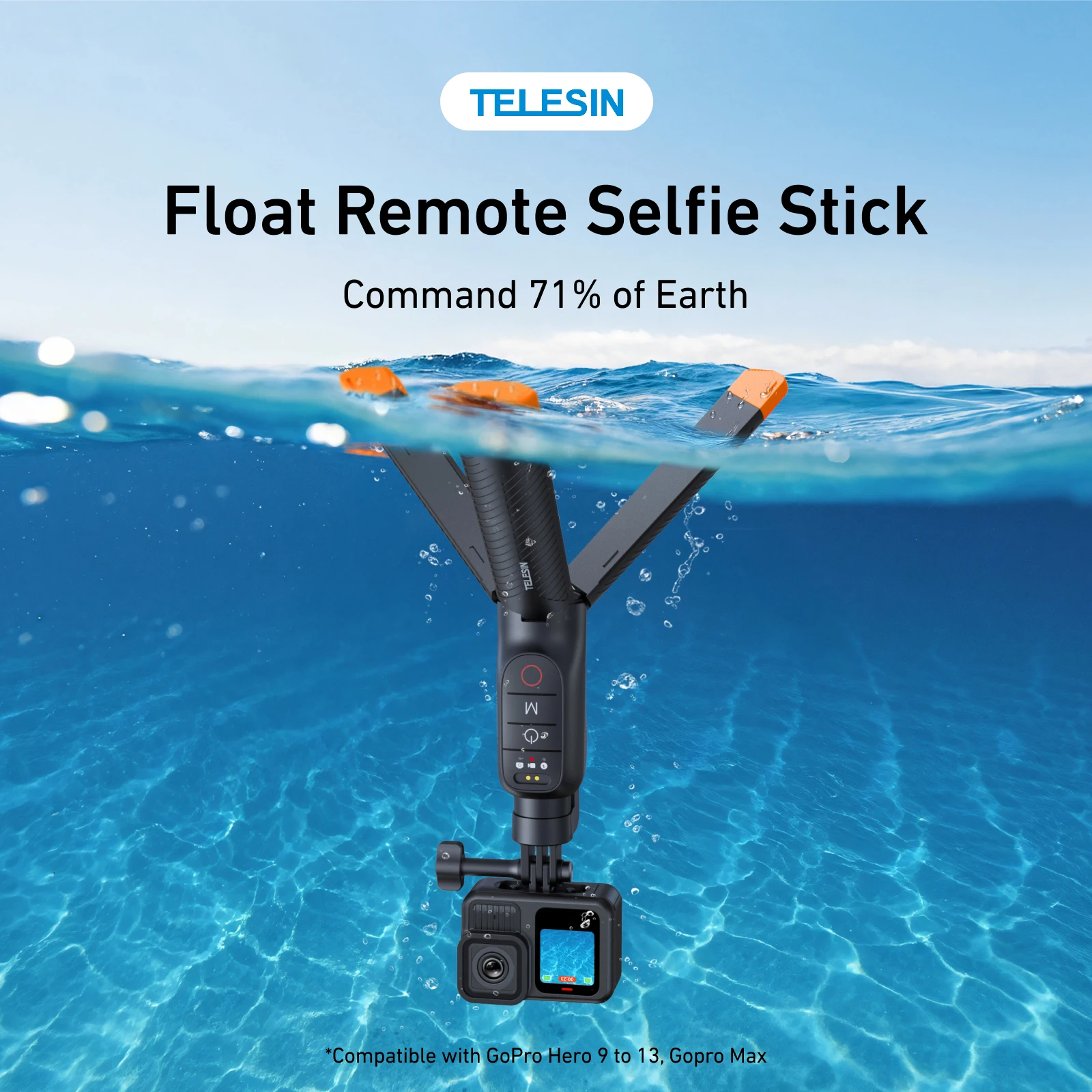 TELESIN 3 en 1 Télécommande Selfie Stick Trépied Flottant pour GoPro Hero 9/10/11/12/13/Max, en mode trépied avec télécommande à distance