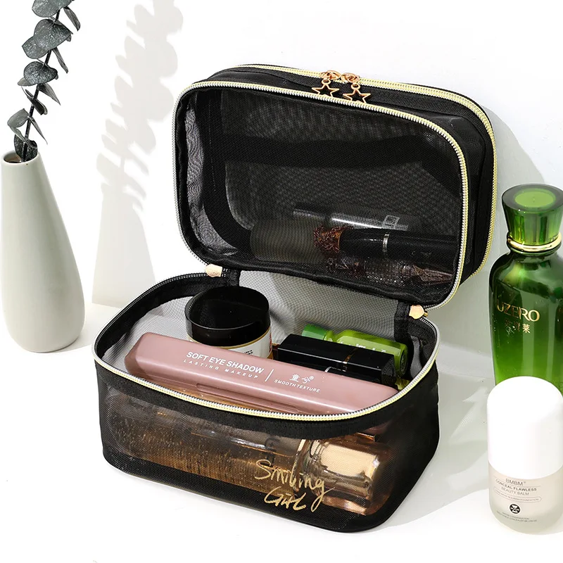 Big Size Double Layer Mesh Makeup Bag Women Cosmetic Bag Organizer Transparent Travel Makeup Wash Bag Beauty Case Toiletry Kit 4
