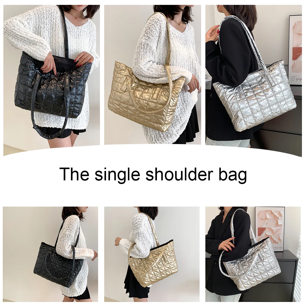 Fashion Quilted Lattice Top-Handle Bags for Female Casual Nylon Solid Color  Shopping Handbags Large Capacity Women Shoulder Bag
