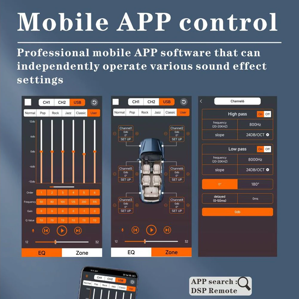 DSP Car Power Amplifier 6-Channel Output DSP Car Equalizer Navigation Sound Quality Enhancement Effect for Car Audio Enhancement