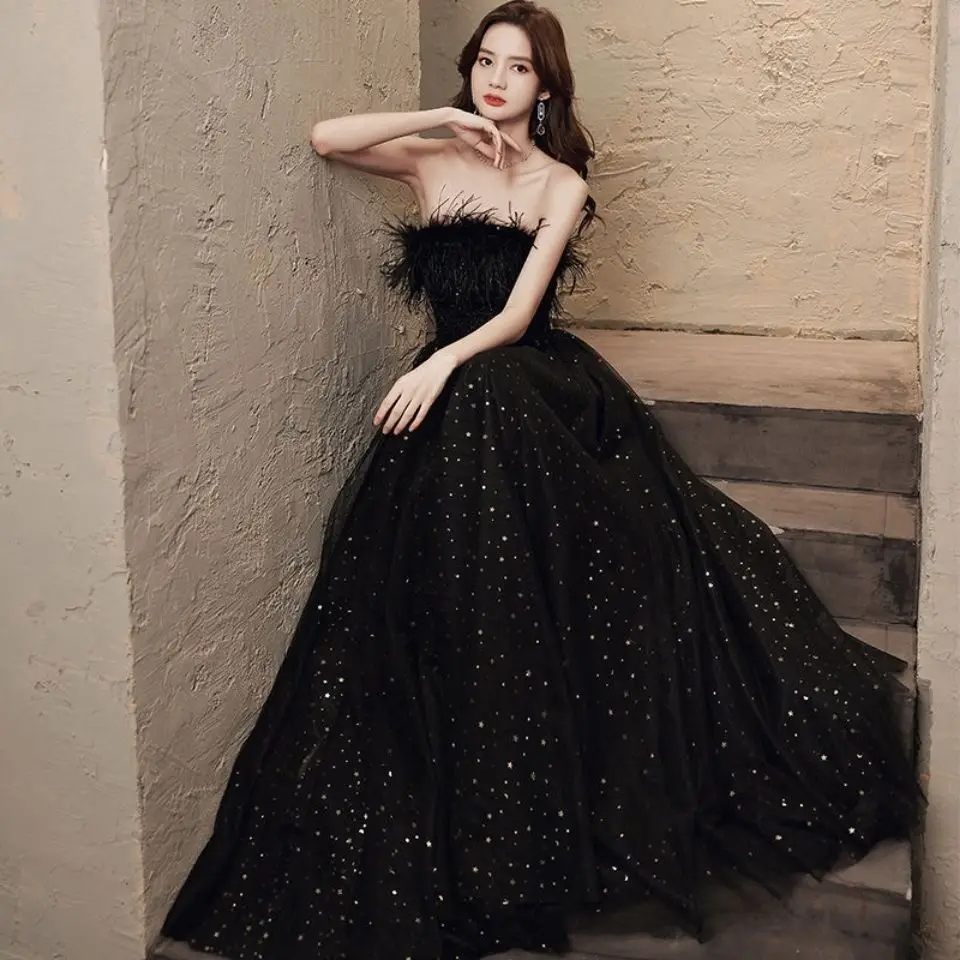 New sleeveless feather long lady girl fairy women prom party evening dancing performance dress