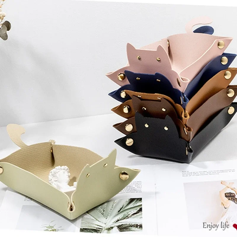 Cute Cat Shape Leather Storage Tray Dice Box Coin Desktop Jewelry Box Makeup Key Tray DIY Household Folding Tray Storage Case 4