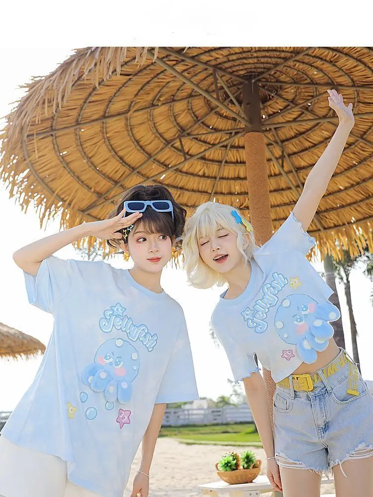 ADAgirl Kawaii Print T Shirt Sweet Blue Jellyfish Pattern Tees Summer Y2k Graphic Crop Tops Japan Cute Aesthetic Women Clothes AliExpress