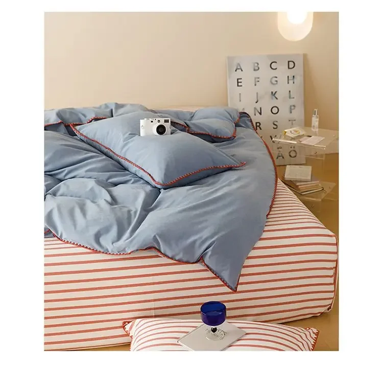 Description Picture 4 of itemStripe Color Collision Shell Bedding Set Embroidery Student Dormitory Solid Color Four Piece Set for all seasons