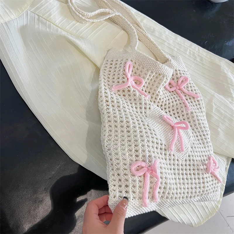 Women Knitted Shoulder Bag with Bow Crochet Beach Tote Bag Woven Hobo Bag Large Capacity Hollow Out Handbag for Outdoor Travel