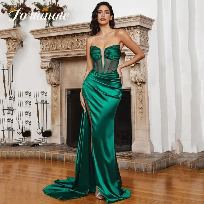 

Mermaid Strapless Prom Dress Women 2024 Graduation Formal Party Gown Homecoming Satin Side Split Backless Vestidos De Noche2023