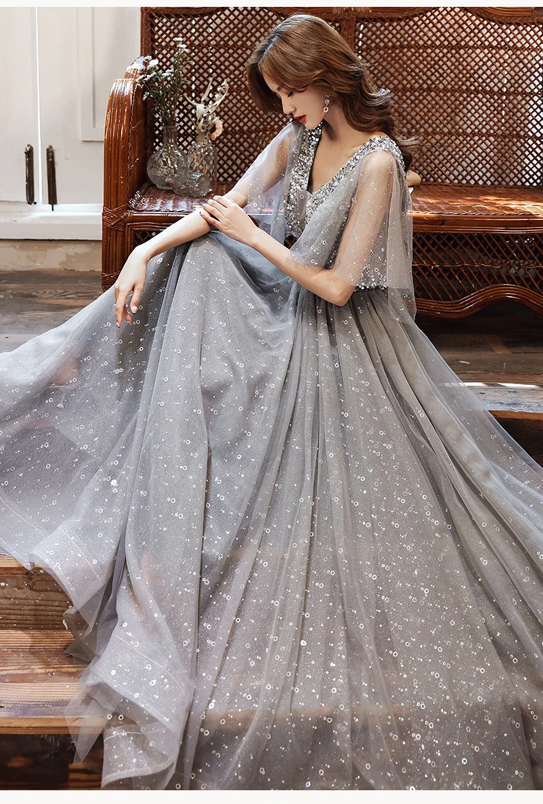 Elegant V-neck Evening Dresses 2021 A-line Floor-length Silver Gray Long Women Formal Gowns evening gowns